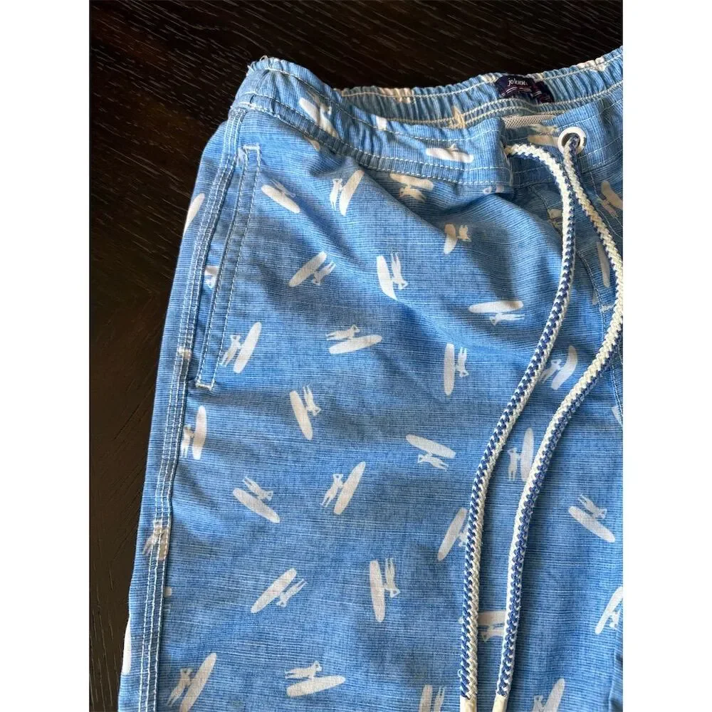 johnnie-O Boys Swim Shorts M SZ 8/10 Blue Surfboard‎ Print Summer Trunks
